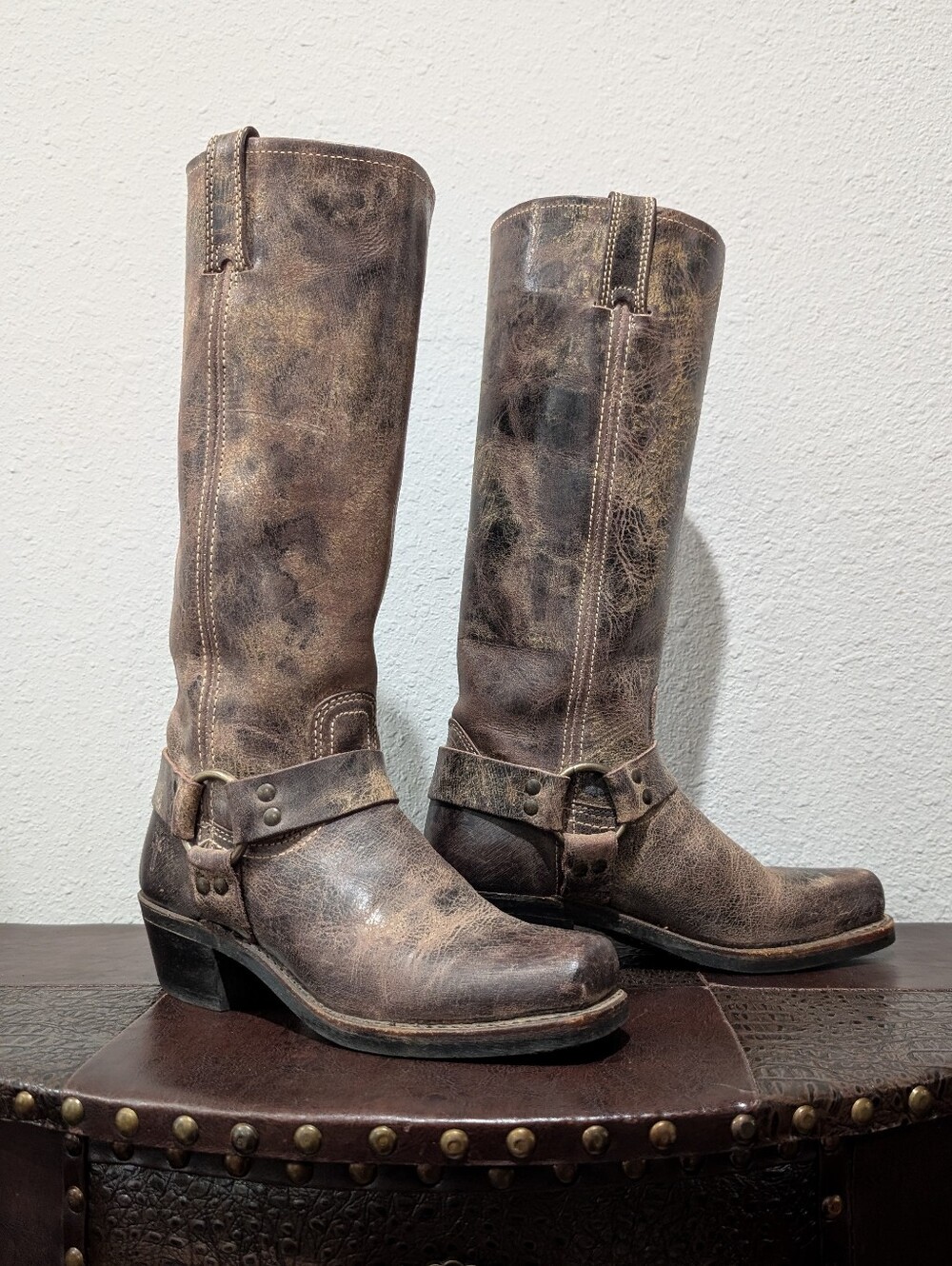 Vintage FRYE USA Made Tall Harness Boots Distressed Brown Leather Sz 7.5